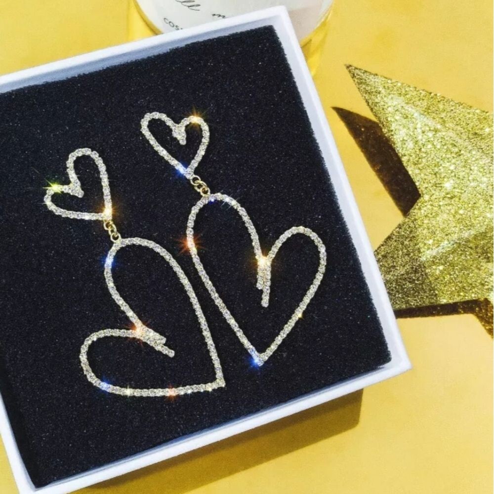 rhinestone heart earrings gold OR‎ silver - Picture 2 of 3